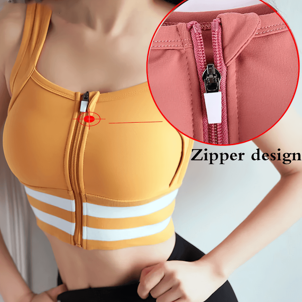 Women's zipper front sports bra with adjustable straps and striped band, ideal for running and workouts. Close-up of zipper design.
